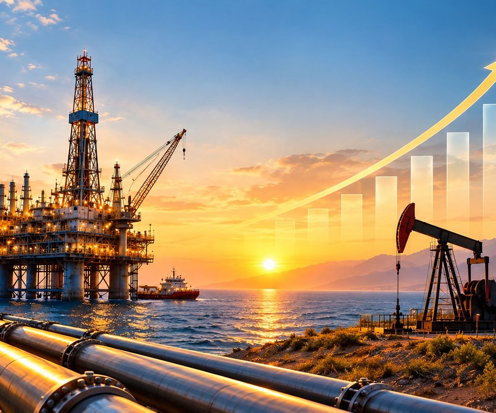 Offshore oil platform and pipelines at sunset