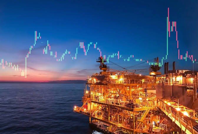 Offshore production platform at dusk